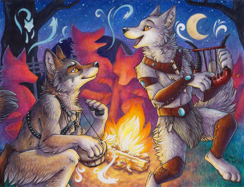 ambiguous_gender anthro bonfire dancing detailed_background drum fur group lyre musical_instrument night open_mouth outside percussion_instrument plucked_string_instrument smile string_instrument tribal silentravyn canid canine canis coyote mammal wolf 2016 traditional_media_(artwork)