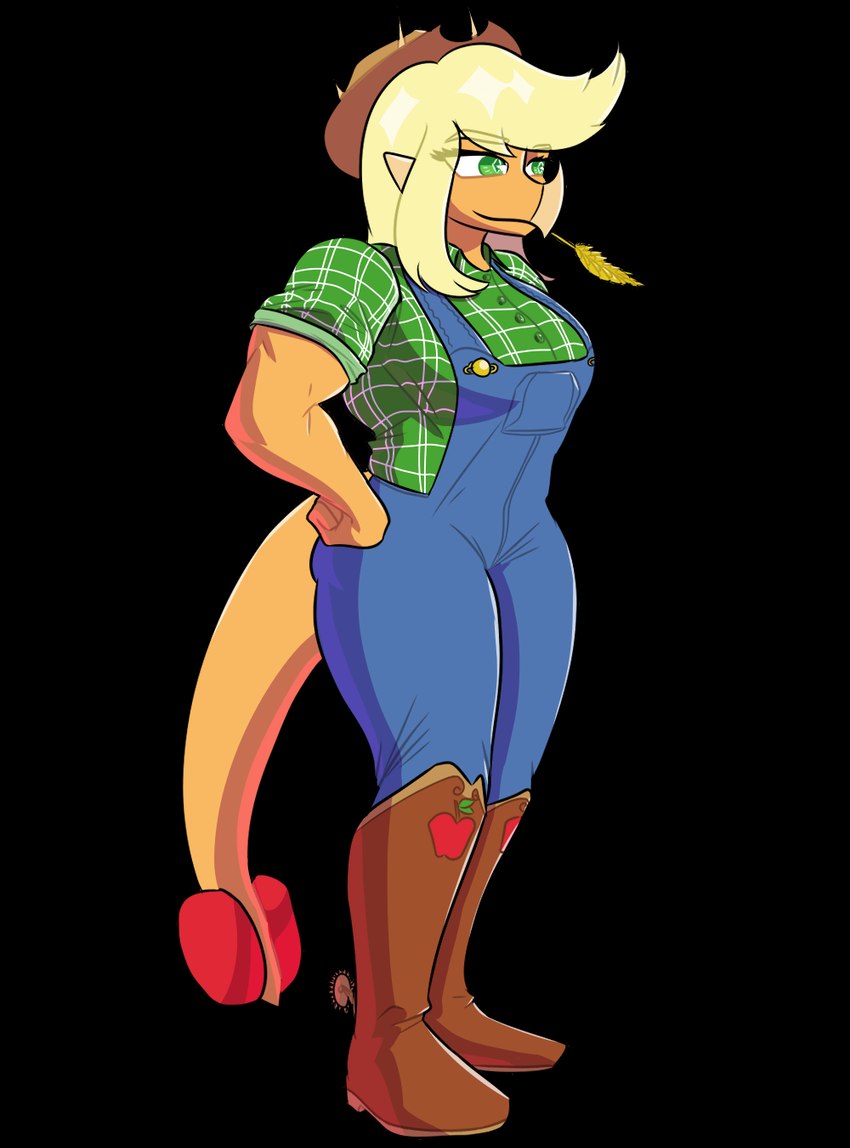 alternate_species anthro anthrofied biceps blonde_hair boots chewing_grass clothing cowboy_hat denim denim_clothing dress_shirt eyelashes facial_horn female fingers footwear green_eyes hair hat head_spikes headgear headwear horn long_hair long_tail muscular muscular_anthro muscular_female nose_horn orange_body orange_scales overalls scales shirt shoes simple_background smile snout solo spikes spikes_(anatomy) tail topwear transparent_background banco cavemanon_studios friendship_is_magic hasbro my_little_pony snoot_game applejack_(mlp) ankylosaurian ankylosaurid ankylosaurus dinosaur ornithischian prehistoric_species reptile scalie thyreophoran 2024 alpha_channel digital_drawing_(artwork) digital_media_(artwork) hi_res