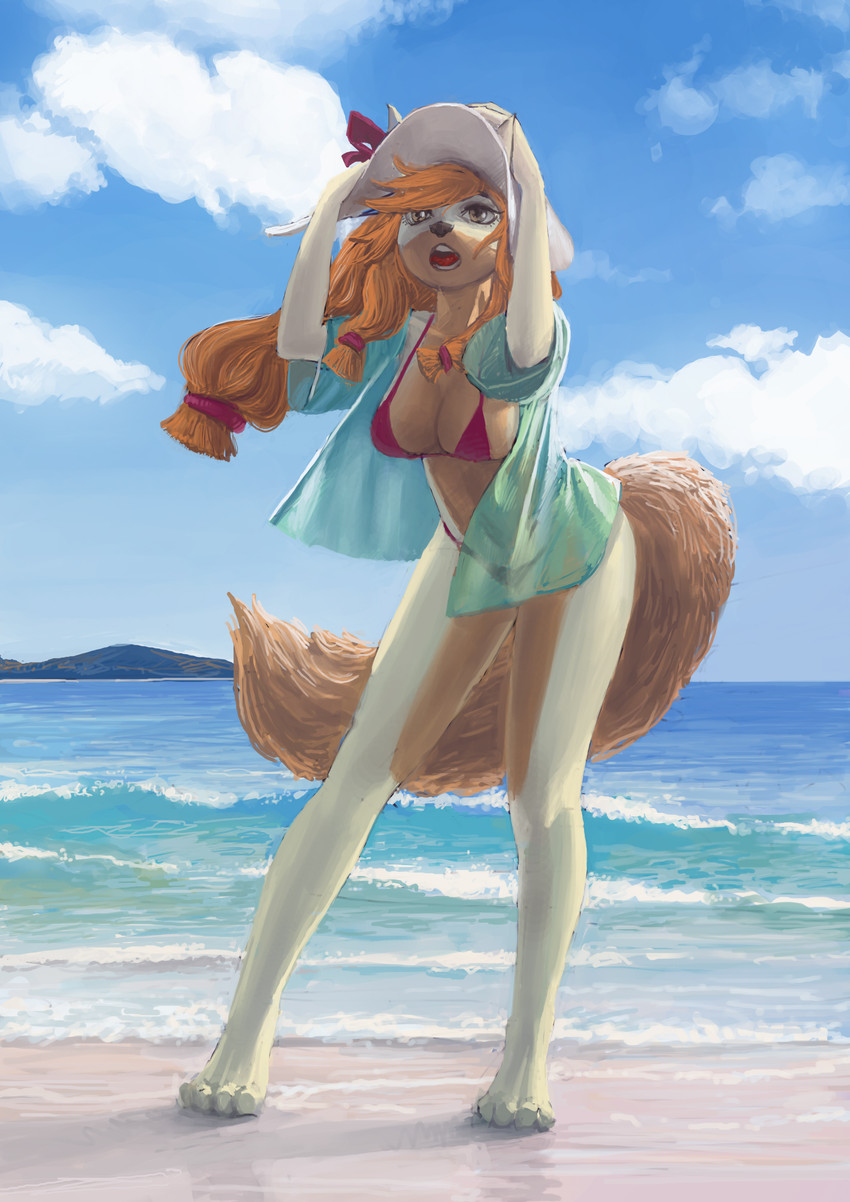 4_toes accessory amber_eyes anthro barefoot beach big_breasts bikini black_nose blouse breasts brown_body brown_fur brown_hair butt clothing detailed_background feet female fur hair hair_accessory hat headgear headwear horn long_hair open_mouth outside sand seaside sky solo sun_hat swimwear thick_thighs toes topwear two-piece_swimsuit wide_brim_hat pensilmekanikal melissa_(hipcat) canid canine canis domestic_dog felid hybrid mammal absurd_res digital_media_(artwork) hi_res