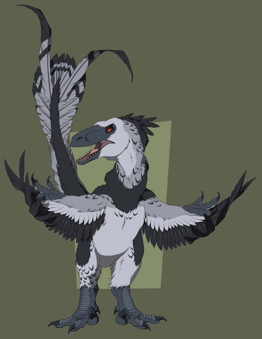 ambiguous_gender biped black_body black_claws black_feathers claws digitigrade feathers feral front_view green_background grey_body grey_feathers grey_scales open_mouth red_eyes red_sclera scales sharp_teeth simple_background snout solo spread_arms standing teeth white_body white_feathers ivalodon echoes_of_extinction achillobator dinosaur dromaeosaurid feathered_dinosaur feathered_scalie prehistoric_species reptile scalie theropod 2024 absurd_res cel_shading digital_drawing_(artwork) digital_media_(artwork) full-length_portrait hi_res portrait shaded