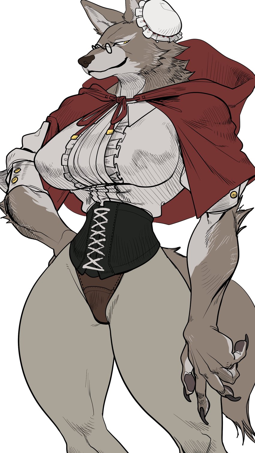 anthro big_breasts biped breasts claws cloak clothed clothing eyewear female female_anthro finger_claws fully_clothed fur glasses grey_body grey_fur kemono looking_at_viewer mature_anthro mature_female muscular muscular_female red_cloak red_clothing round_glasses shirt simple_background small_waist smile solo thick_thighs topwear white_background white_body white_clothing white_fur white_shirt white_topwear wide_hips yellow_eyes quququl fairy_tales little_red_riding_hood_(copyright) big_bad_wolf grandma_(little_red_riding_hood) little_red_riding_hood canid canine canis mammal wolf 2023 absurd_res digital_media_(artwork) hi_res