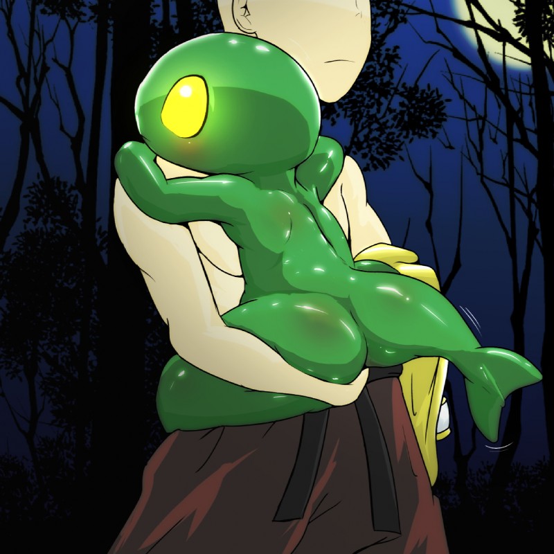 ambiguous_gender back_groove blush carrying_another clothed clothing detailed_background duo forest glowing glowing_eyes hug larger_male male moon nude outside piggyfront plant size_difference smaller_ambiguous three-quarter_view topless tree cottontail human humanoid mammal tonberry 1:1 hi_res