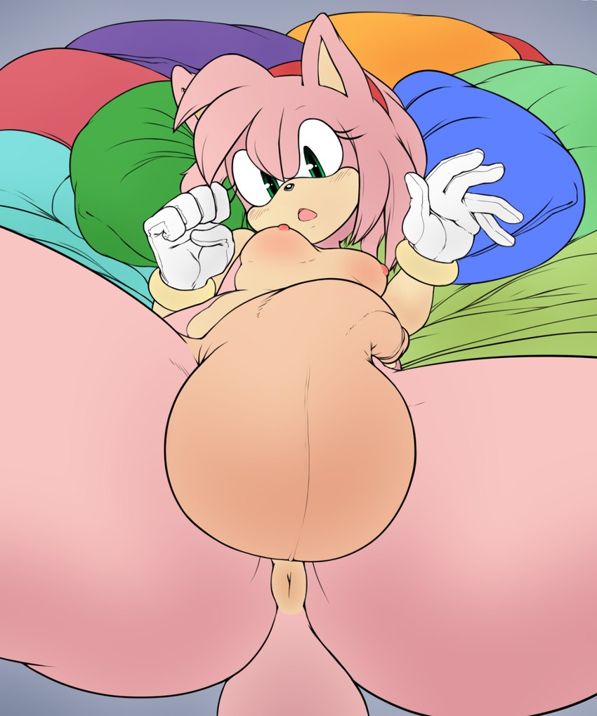 accessory anthro anthrofied anus areola balls biped black_nose blush breasts butt clothing genitals gloves gynomorph hair hair_accessory hairband half-erect handwear humanoid_genitalia humanoid_penis intersex lying nude penis solo spread_legs spreading thick_thighs argento soina sega sonic_the_hedgehog_(series) amy_rose eulipotyphlan hedgehog mammal 2015 5:6 artist_collaboration hi_res