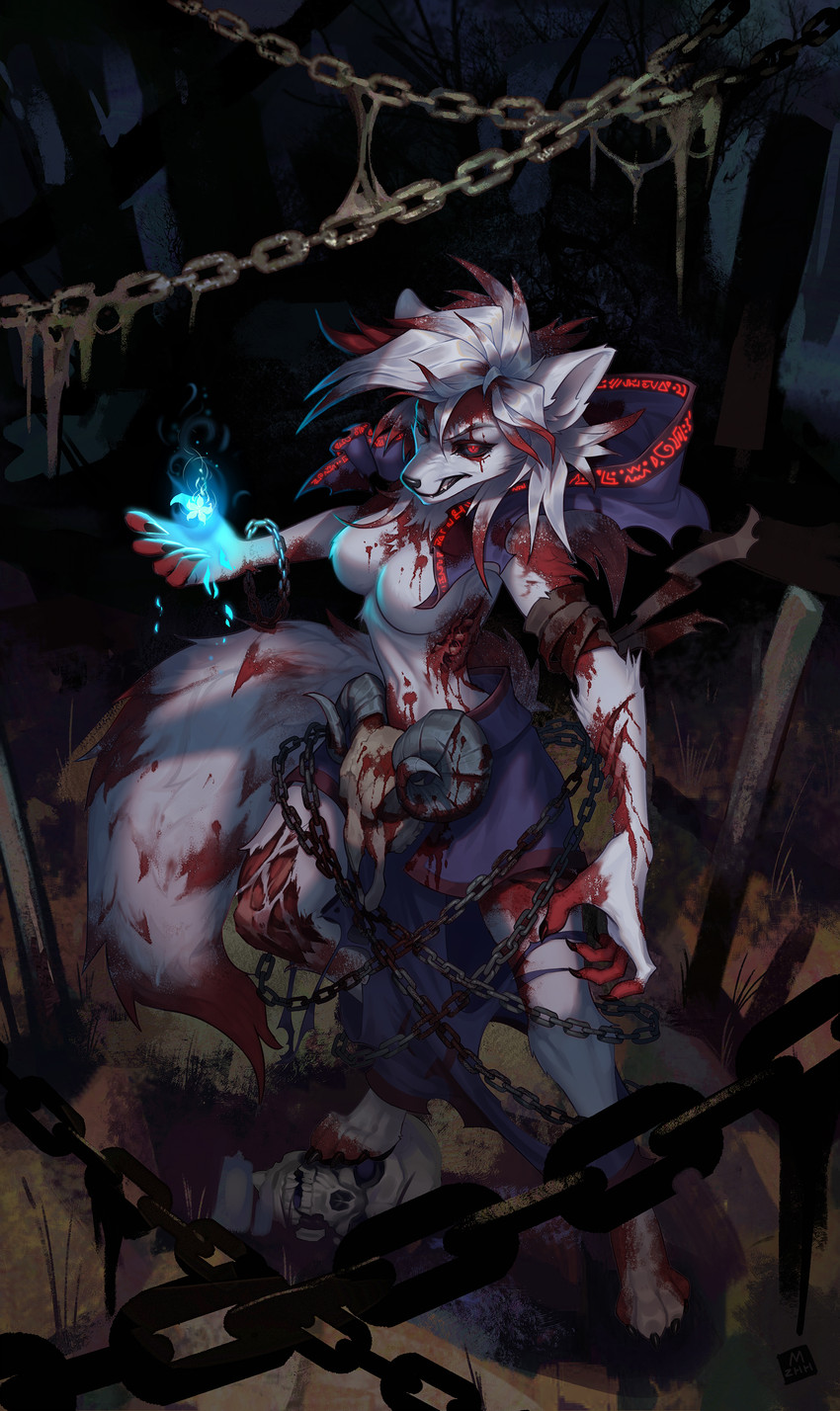 animal_skull anthro bandage bandaged_arm bangs barefoot black_sclera blood blue_fire bodily_fluids bone bottomwear breasts chain claws clenched_teeth clothed clothing colored_fire deep_wound exposed_muscle exposed_ribs fangs feet female fire flaming_orb fur glowing glowing_eyes gore grass grey_body grey_fur grey_hair hair hood horn long_hair magic navel pawpads paws plant purple_bottomwear purple_clothing purple_skirt raised_arm red_eyes ribs runes sharp_teeth skirt solo teeth text torn_clothing torn_skirt wounded mzhh deye canid canine canis mammal wolf absurd_res digital_media_(artwork) english_text hi_res shaded