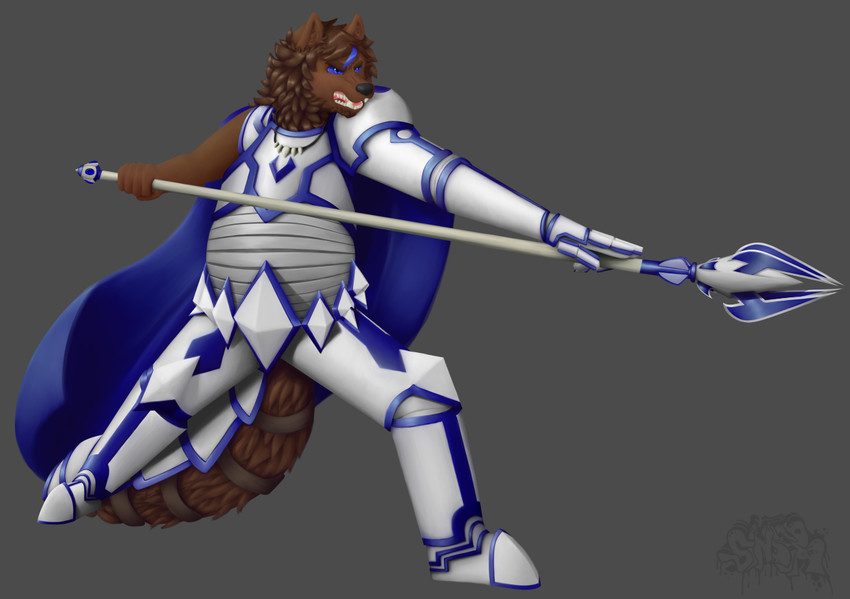 anthro armor asymmetrical_armor attack blue_armor cape clothing knight male melee_weapon multicolored_armor plate_armor polearm spear two_tone_armor warrior weapon white_armor sinser fire_emblem fire_emblem_heroes nintendo naiwi naiwi_kalahax canid canine canis felid hybrid lion mammal pantherine wolf full-length_portrait portrait