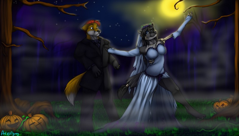 accessory anthro black_tie_(suit) bone bride clothing dancing detailed_background dress duo evening_gown female fog food forest front_slit front_slit_clothing front_slit_dress fruit furgonomics gown groom hair happy holidays jack-o'-lantern jewelry light male male/female moon moonlight nature night outside plant pumpkin red_hair ring romantic romantic_couple shocked skeleton sky star starry_sky suit tail tail_accessory tail_jewelry tail_ring torn_clothing tree veil wedding_dress wood flynx-flink corpse_bride halloween canid canine fox mammal undead zombie digital_media_(artwork)