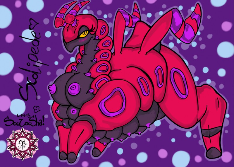 areola big_breasts blush breasts busty_feral butt digitigrade female feral multi_breast nipples non-mammal_breasts non-mammal_nipples poison purple_areola purple_nipples solo wide_hips souzousha nintendo pokemon arthropod boobipede generation_5_pokemon myriapod pokemon_(species) scolipede 2013 hi_res