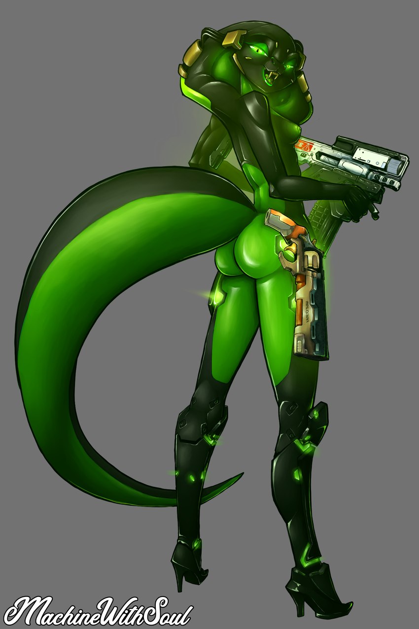 anthro areola bedroom_eyes biped black_body breasts butt clothing countershade_tail countershading cybernetics female footwear glowing glowing_eyes green_body green_eyes green_nipples green_tongue gun handgun high_heels holding_gun holding_object holding_ranged_weapon holding_weapon looking_at_viewer looking_back looking_back_at_viewer machine multicolored_body narrowed_eyes nipples non-mammal_breasts nude open_mouth pupils ranged_weapon rear_view revolver seductive shoes simple_background slim slit_pupils small_breasts snake_hood solo standing tail teeth tongue two_tone_body weapon machinewithsoul pescadera_navarro_(machinewithsoul) cobra cyborg reptile scalie snake 2021 2:3 hi_res