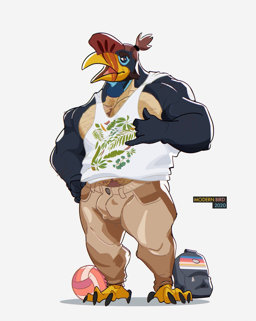 anthro backpack ball beach_ball beak body_hair clothing facial_hair feet hand_on_hip hand_sign happy_trail inflatable khakis male muscular muscular_anthro muscular_male shirt slightly_chubby solo talons tank_top toes topwear modern_bird julian_(moden_bird) avian bird bucerotiform hornbill hi_res