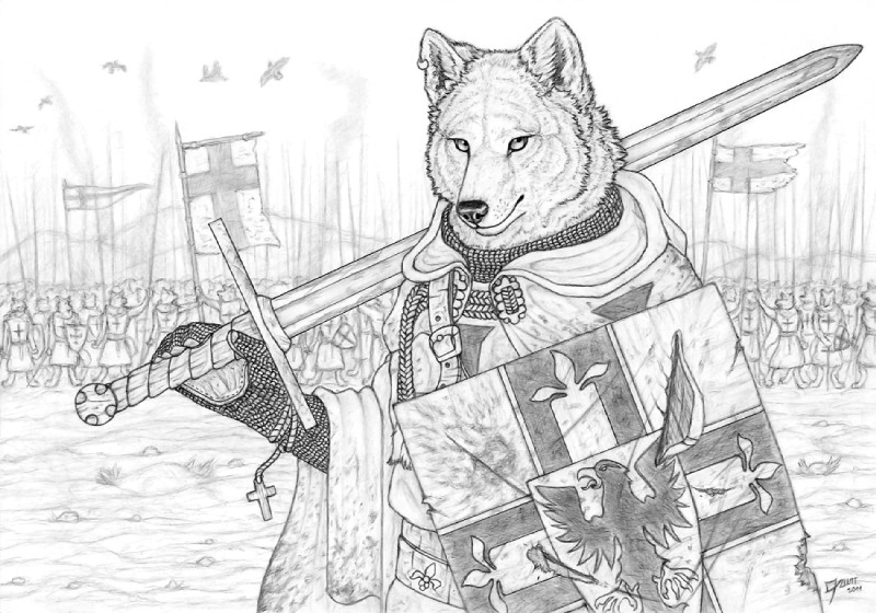 anthro armor army banner beads belt black_nose chainmail cloak clothing coif cross crusader damaged dual_holding flag flag_(object) fur grass group heraldry hill holding_melee_weapon holding_object holding_shield holding_sword holding_weapon kite_shield knight leather male melee_weapon military plant prayer_beads rock rosary shield sky smoke soldier solo_focus surcoat sword teutonic torn_flag two_handed_sword two_handed_weapon warrior weapon simul avian bird canid canine mammal duke_(disambiguation) 2011 monochrome signature traditional_media_(artwork)