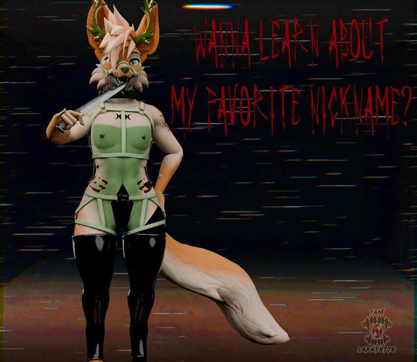 andromorph anthro antlers clothing genitals harness horn intersex knife knife_play latex latex_clothing legwear licking_knife looking_at_viewer nipple_piercing nipples piercing pussy smile smiling_at_viewer solo tattoo tattoos_everywhere text thigh_highs rook_douglas affogato_lieve_(rook_douglas) canid canine fennec_fox fox mammal true_fox absurd_res hi_res