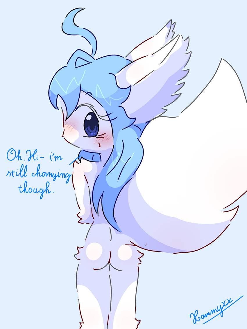 adolescent anthro big_tail blue_eyes blue_hair blush butt eyelashes female fur hair inner_ear_fluff long_hair looking_at_viewer looking_back nude nude_anthro nude_female rear_view solo standing tail talking_to_viewer tuft white_body white_ears white_fur white_inner_ear_fluff young young_anthro young_female xammyxx keiko_(xammyxx) arctic_fox canid canine fox mammal true_fox 2025 3:4 digital_media_(artwork) hi_res ibispaint_(artwork) shaded signature watermark