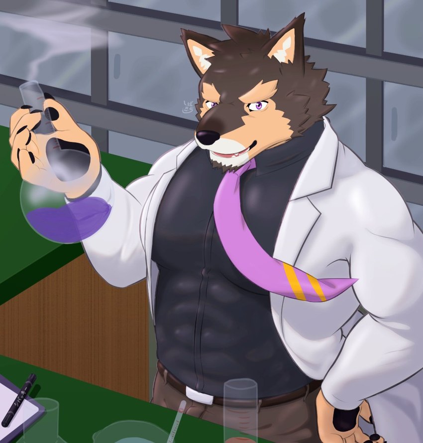 abs anthro beaker brown_body brown_fur chemicals clothing coat countershading eyebrows fur lab_coat laboratory_equipment laboratory_glassware male muscular muscular_anthro muscular_male necktie pecs purple_eyes scientific_instrument scientist solo thick_eyebrows tight_clothing topwear shi_ba_ki_chi lifewonders live_a_hero pubraseer canid canine canis domestic_dog mammal