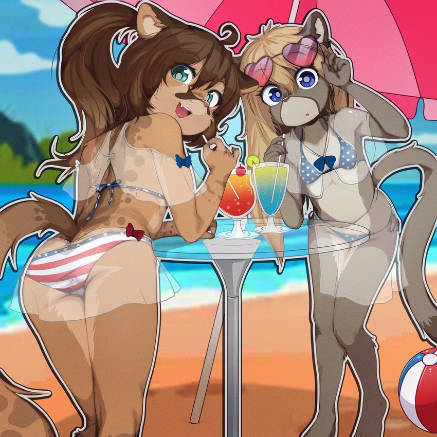 anthro beach beverage bikini blonde_hair blue_eyes brown_hair butt clothed clothing duo eyewear female fur grey_body grey_fur hair loli looking_at_viewer looking_back looking_back_at_viewer seaside sunglasses swimwear tail two-piece_swimsuit umbrella young young_anthro sicmop dakota_(kittyprint) sierra_(pumapaws) cougar felid feline mammal 1:1 2023 hi_res