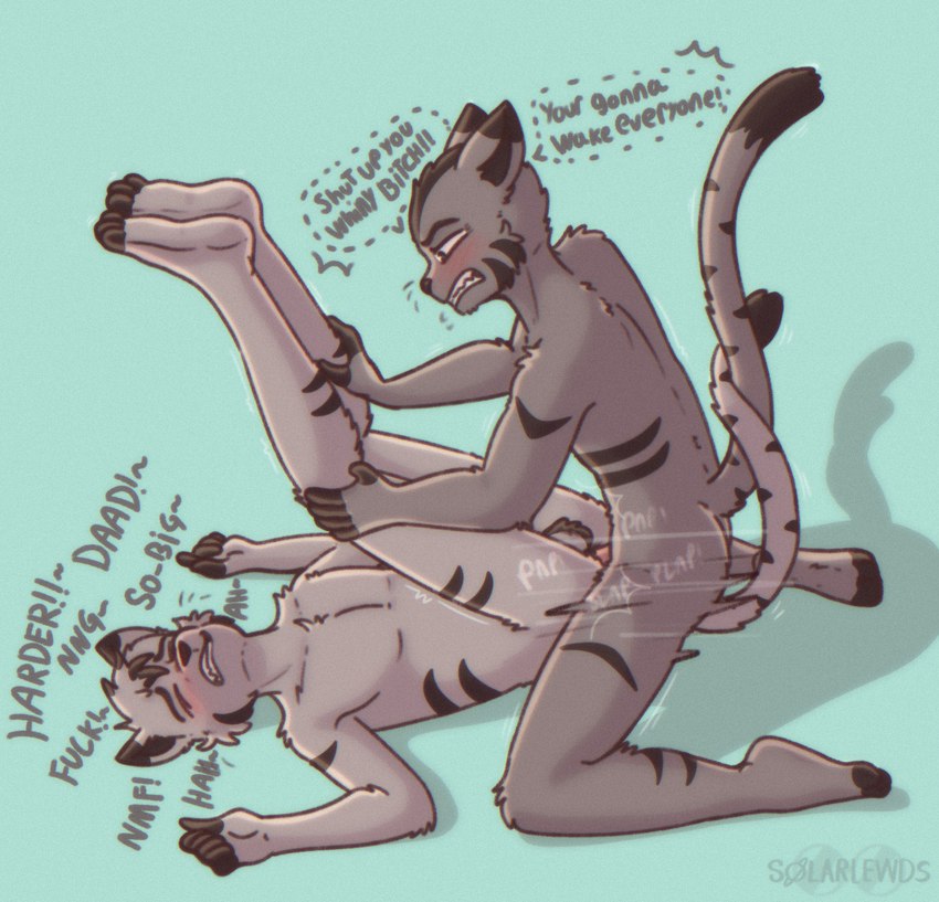 age_difference anal anal_penetration angry anthro anthro_on_anthro anthro_penetrated anthro_penetrating anthro_penetrating_anthro balls blush butt curling_tail daddy_kink dialogue duo father_penetrating_son fur fur_markings genitals grey_body grey_fur hair humanoid_genitalia humanoid_penis male male/male male_penetrated male_penetrating male_penetrating_male markings moan nude older_male open_mouth penetration penile penile_penetration penis rough_sex scruffy sex simple_background speech_bubble speed_lines stripes tail talking_to_another talking_to_partner teeth text whiskers younger_male younger_penetrated solarlewds jinx_(solarlewds) simon_(solarlewds) domestic_cat felid feline felis mammal digital_media_(artwork) english_text hi_res father_(lore) father_and_child_(lore) father_and_son_(lore) incest_(lore) parent_(lore) parent_and_child_(lore) parent_and_son_(lore) son_(lore)