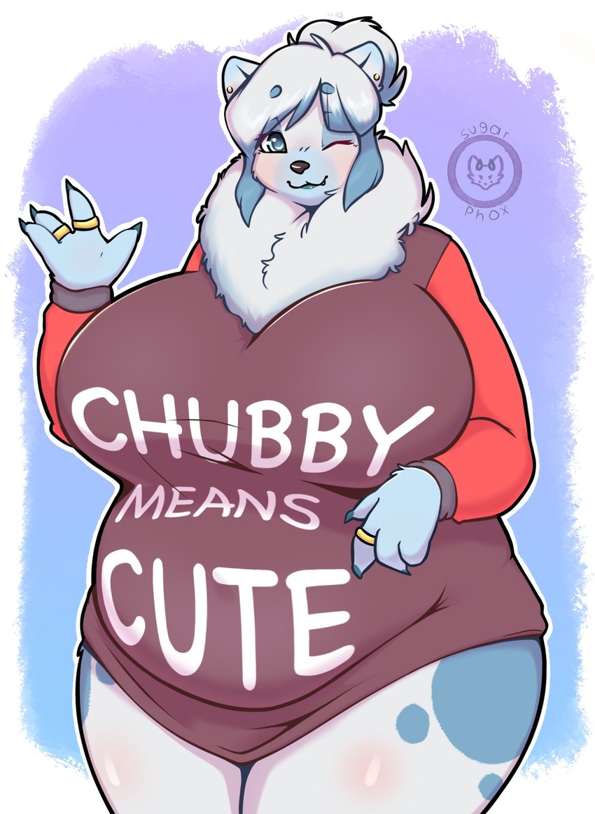 anthro big_breasts blue_eyes body_positivity breasts clothed clothing ear_piercing female female_anthro fluffy fur hair jewelry looking_at_viewer multicolored_body neck_tuft piercing positive_message simple_background slightly_chubby slightly_chubby_female solo text thick_thighs tuft two_tone_body white_body white_fur suger_phox layla_(suger_phox) bear mammal polar_bear ursine digital_media_(artwork) english_text hi_res shaded