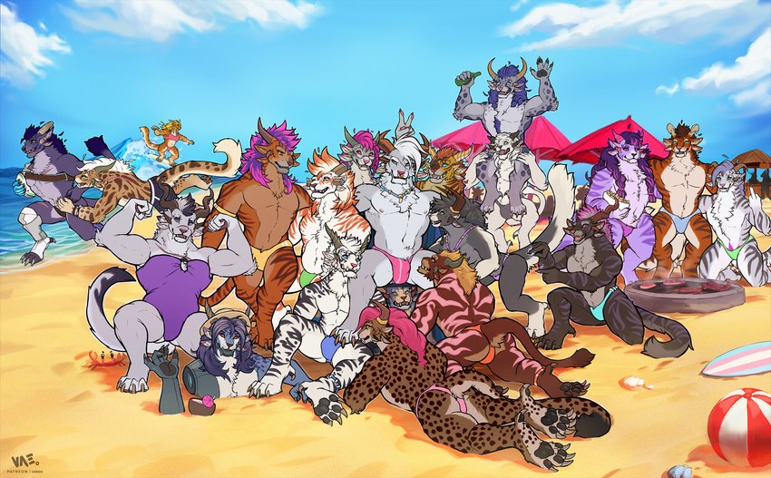 4_ears 4_horns anthro beach biped black_body black_fur blonde_hair blue_hair brown_body brown_fur bulge clothing cybernetic_arm cybernetic_limb facial_piercing female female_anthro flat_chested flexing flexing_bicep flexing_both_biceps fur grey_body grey_fur group hair horn lying male male_anthro markings multi_ear multi_horn multicolored_body multicolored_fur muscular muscular_anthro muscular_female muscular_male nose_piercing nose_ring on_front one-piece_swimsuit outside piercing pink_body pink_fur pink_hair purple_body purple_fur ring_piercing running seaside spots spotted_body spotted_fur striped_body striped_fur stripes surfing swimwear white_body white_fur vateo guild_wars milo_goldenheart vae_(character) charr felid mammal 2024 digital_media_(artwork) hi_res