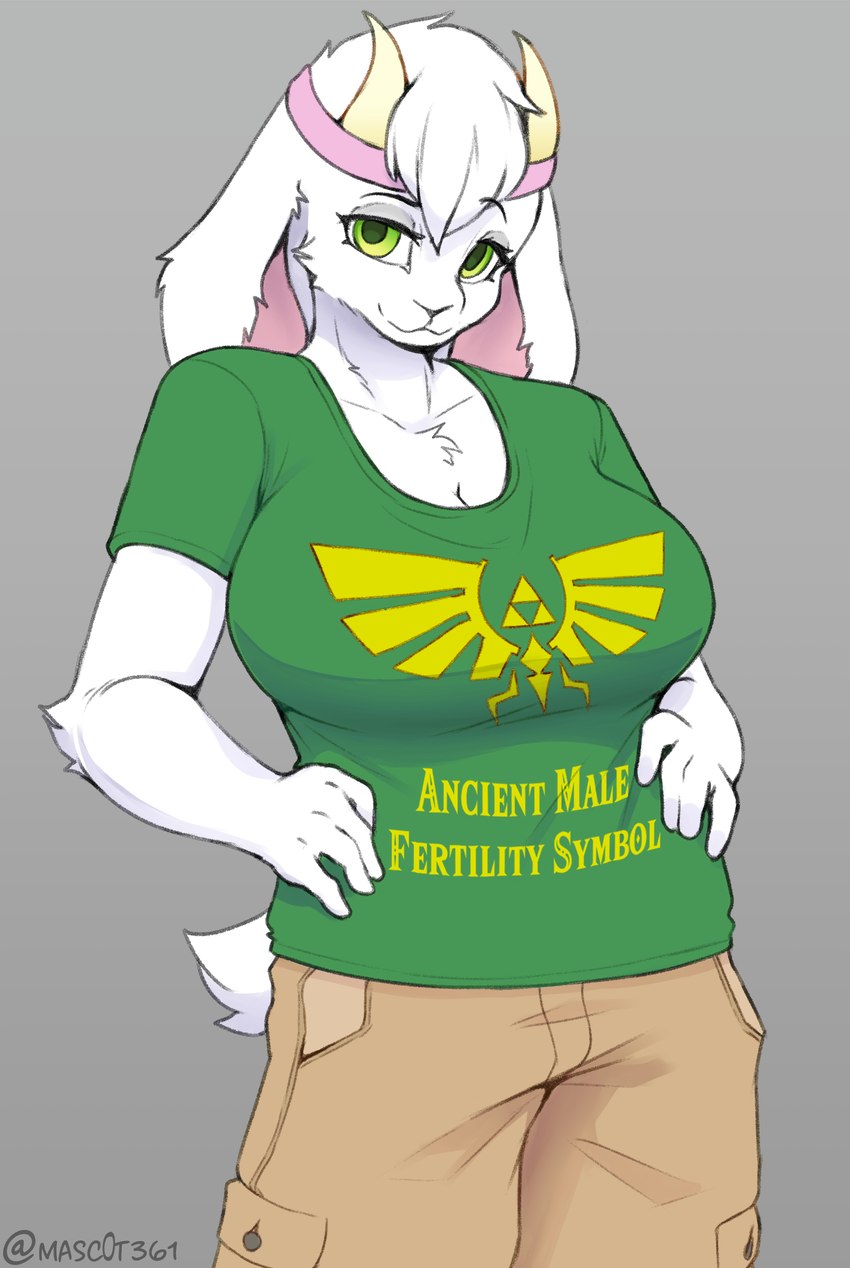 anthro big_breasts bottomwear breasts cargo_shorts clothing female shirt shorts solo t-shirt text topwear masc0t361 nintendo the_legend_of_zelda bovid caprine goat mammal absurd_res english_text hi_res