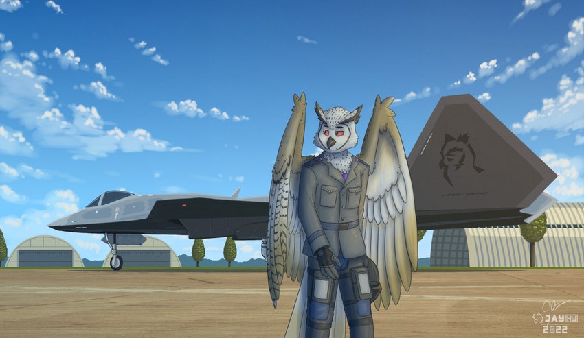 4_fingers aircraft airfield airplane anthro armor back_wings beak big_wings black_clothing black_eyebrows black_gloves black_handwear black_helmet blue_bottomwear blue_clothing blue_pants blue_sky bottomwear brown_body brown_feathers chest_tuft clothing detailed_background eyebrows facial_markings feathers fingerless_gloves fingers gloves gradient_wings grey_beak grey_clothing grey_jacket grey_topwear handwear hangar head_markings head_tuft headgear helmet hill holding_armor holding_headgear holding_helmet holding_object jacket jet logo looking_back male markings necktie pants plant purple_necktie red_sclera sky solo speckled_body spots spotted_body spotted_feathers striped_feathers tan_body tan_feathers topwear tree tuft vehicle white_body white_clouds white_feathers wing_tuft wings yf-23 yf-23_black_widow sammfeatblueheart thieu_(thieutheowl) avian bird eurasian_eagle-owl horned_owl owl true_owl 2022 artist_logo shaded signature