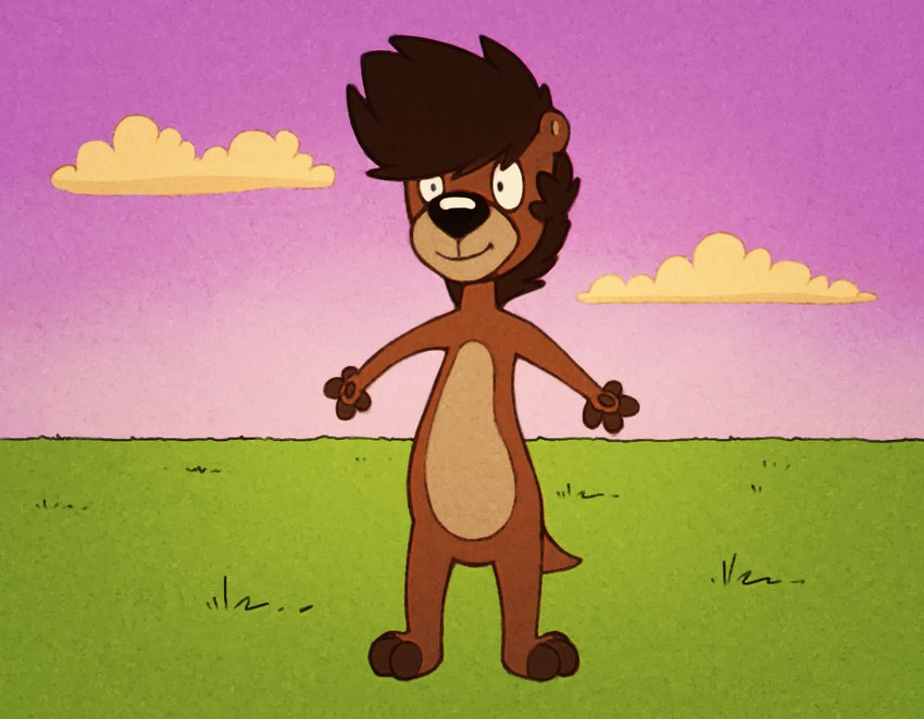 1990s_theme anthro biped brown_body brown_hair brown_markings brown_outline cloud countershading feet fingerless_(marking) front_view grass hair male markings nude outline outside plant solo standing sunset toeless_(marking) marsminer keith_(marsminer) mammal mustelid otter digital_media_(artwork) digital_painting_(artwork) full-length_portrait portrait