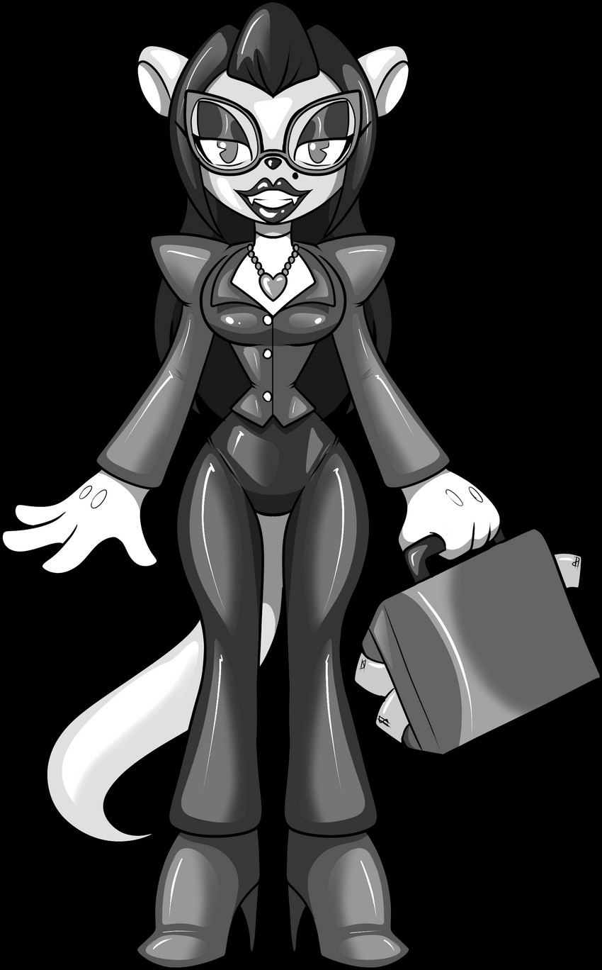 anthro black_hair boots breasts butt cleavage clothed clothing female footwear fur grey_body grey_fur hair high_heeled_boots high_heels ink office_lady retro shoes slicked_back_hair solo suit toony wide_hips chaoscroc ms._leading mammal mustelid musteline true_musteline weasel 2020 absurd_res alpha_channel hi_res monochrome