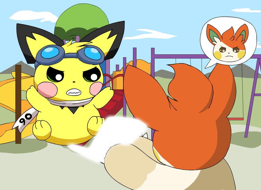 alternate_color clenched_teeth duo eyewear eyewear_on_head feral fight fur glowing glowing_tail goggles goggles_on_head logo male orange_body orange_fur scarf swingset tail tan_body tan_fur teeth white_scarf yellow_body yellow_fur pichu90 nintendo pokemon nise_pawmo sparks_pichu generation_2_pokemon generation_9_pokemon pawmo pichu pokemon_(species) 2023 artist_logo