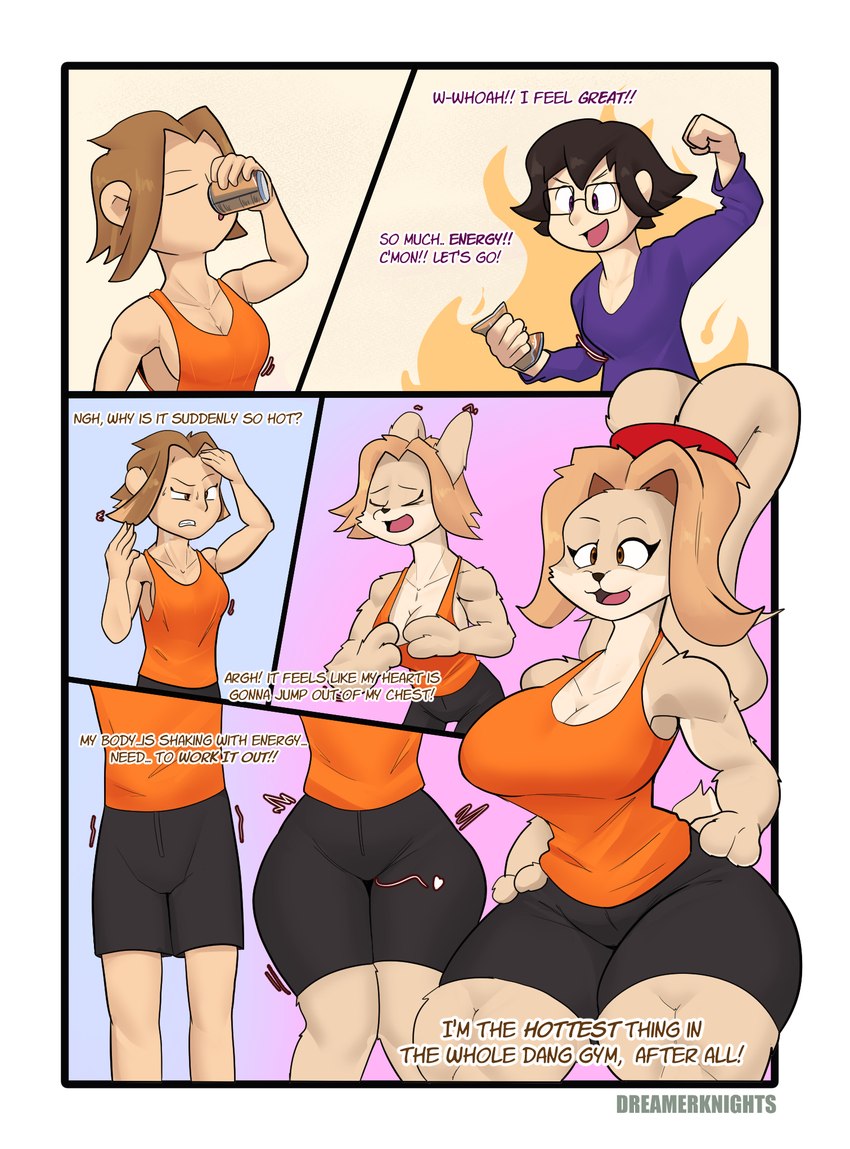 anthro athletic athletic_female big_breasts bottomwear breast_growth breasts butt butt_expansion cleavage clothed clothing dialogue drinking duo expansion eyelashes eyewear female furgonomics gender_transformation glasses growth human_to_anthro male motion_lines mtf_transformation muscular muscular_female oblivious paws shirt shorts species_transformation tank_top text thick_thighs topwear transformation wide_hips dreamerknight human lagomorph leporid mammal rabbit comic english_text hi_res