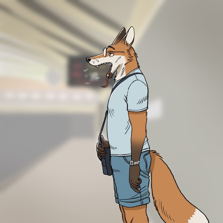 airport anthro blurred_background breath clock clothed clothing eyewear fur furgonomics glasses heat_(temperature) information_board male outside overheated panting public satchel solo sound_effects standing tongue tongue_out watch rayfkm canid canine fox mammal 1:1 hi_res