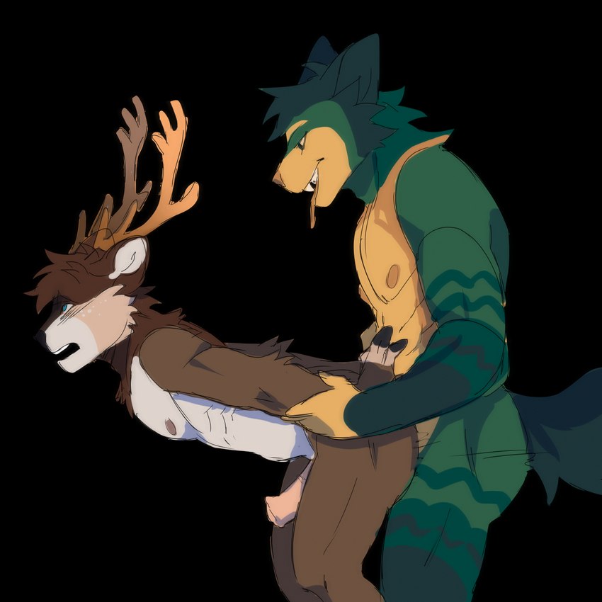 animal_genitalia animal_penis anthro antlers arm_pull blue_eyes brown_body brown_eyes brown_fur cryptidcorpse duo equine_genitalia equine_penis from_behind_position fur genitals green_body green_fur hands_behind_back holding_arm holding_arms horn looking_away looking_pleasured male male/male neck_tuft nipples penis prison_guard_position sex smile standing standing_sex tongue tongue_out tuft white_body white_fur yellow_body yellow_fur unknown_artist hako_frost canid canine canis cervine deer elk mammal wolf 1:1 alpha_channel hi_res