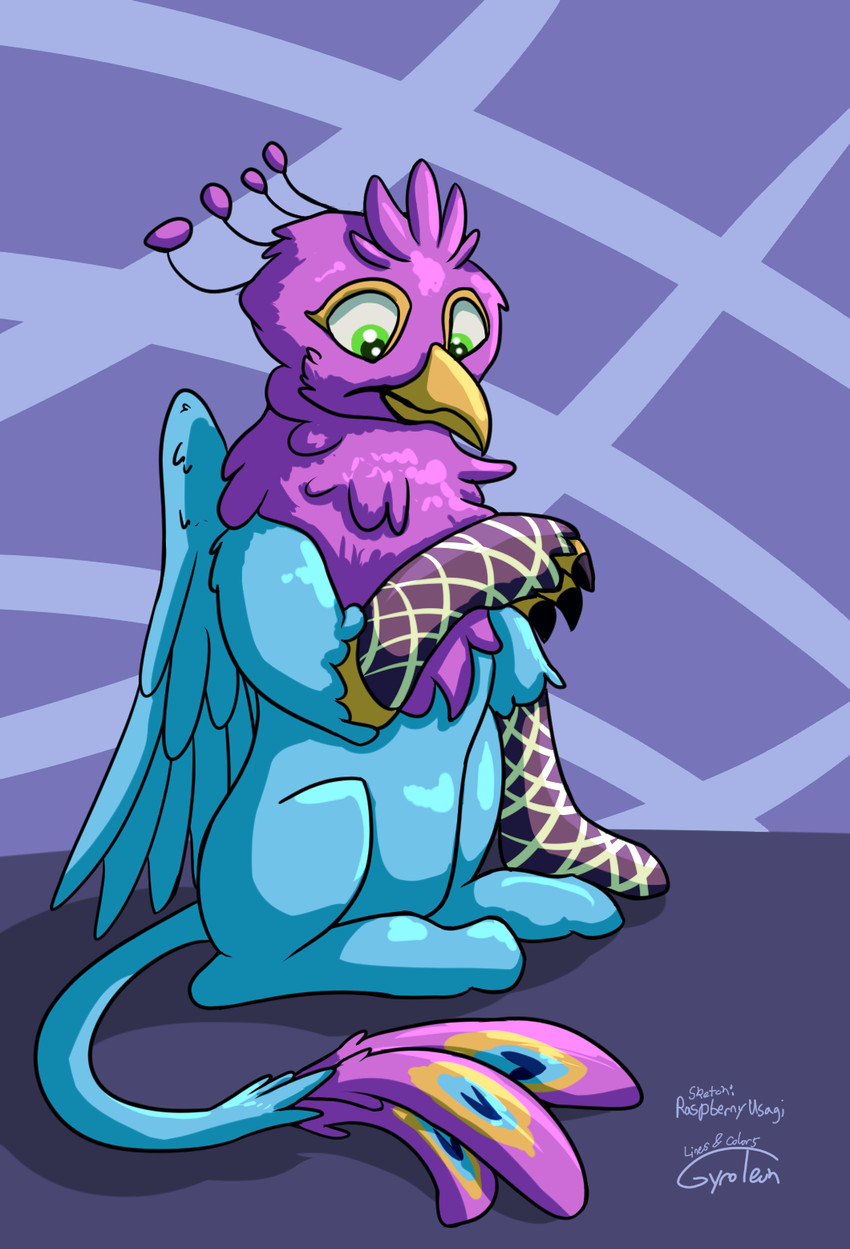 avian_feet beak blue_body clothing feathered_crest feathered_wings feathers feral footwear green_eyes head_crest male paws pink_body quadruped socks tail tail_tuft torn_clothing torn_footwear torn_socks tuft wings gyrotech raspberryusagi mythology gyro_feather avian bird galliform gryphon mythological_avian mythological_creature peafowl phasianid hi_res