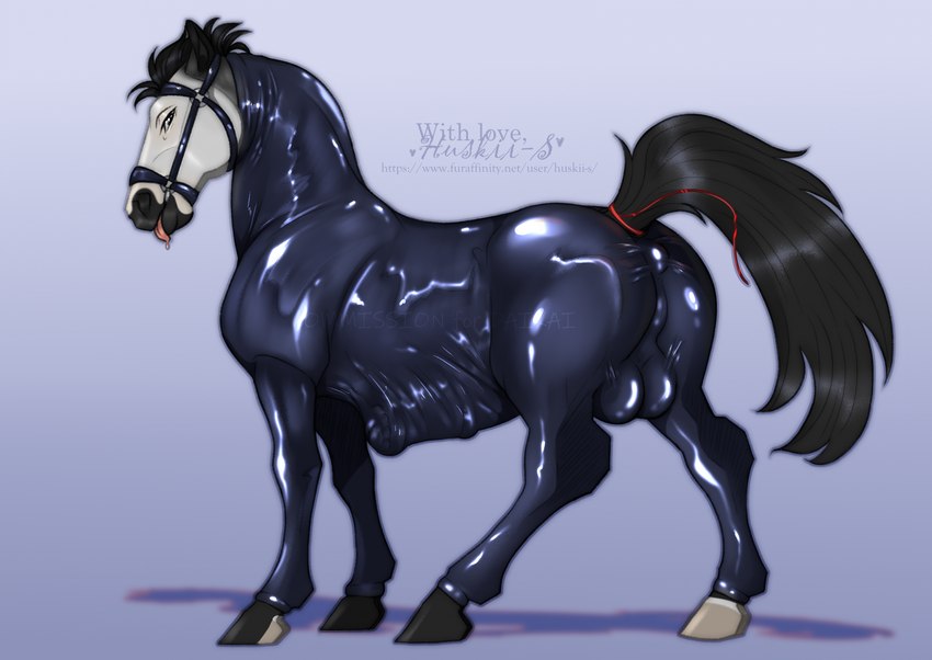 anatomically_correct anatomically_correct_anus anatomically_correct_genitalia anatomically_correct_penis animal_genitalia animal_penis anus balls bit_gag black_hair black_mane black_tail bridle clothing equine_anus equine_genitalia equine_penis erection feral gag genitals hair hooves latex latex_clothing latex_skinsuit looking_at_viewer looking_back looking_back_at_viewer male mane penis raised_tail shadow simple_background skinsuit solo tail text tight_clothing tongue tongue_out huskii-s equid equine horse mammal 2024 digital_media_(artwork) english_text hi_res watermark