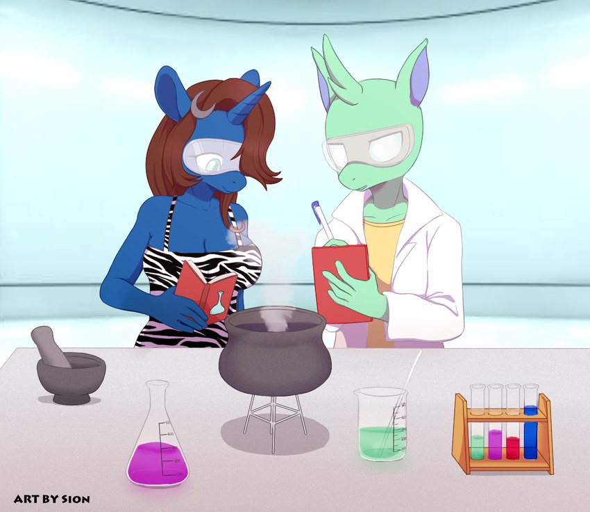 animal_print anthro beaker blouse book cauldron chemicals chemistry clipboard clothing coat duo eyewear female goggles holding_object horn lab_coat laboratory_equipment laboratory_glassware male mortar_and_pestle scientific_instrument topwear writing_text zebra_print sion_(artist) friendship_is_magic hasbro my_little_pony mythology horizon_glyph arthropod changeling equid equine mammal mythological_creature mythological_equine reformed_changeling unicorn