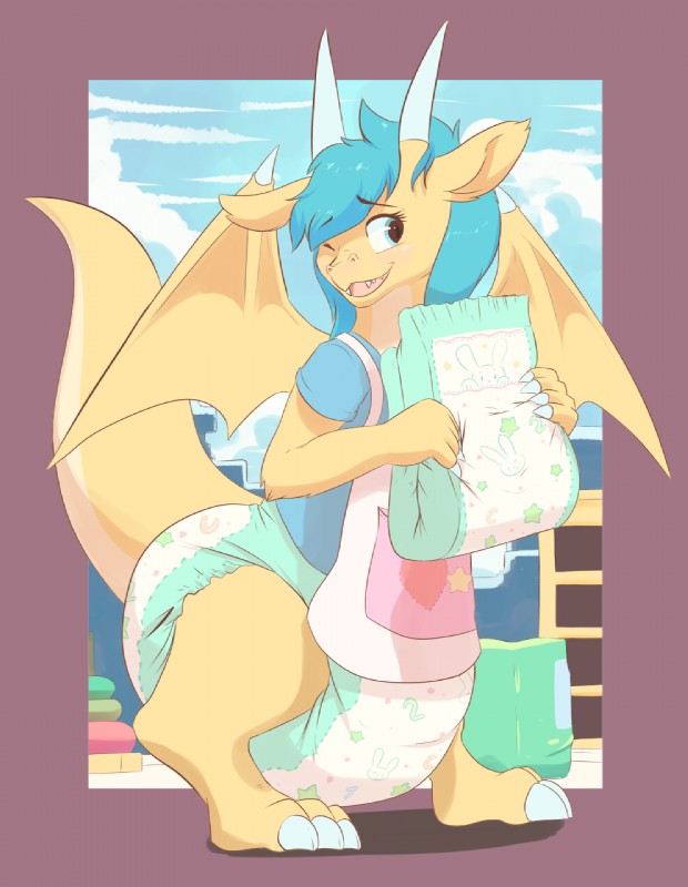 apron blush claws clean_diaper clothed clothing diaper diaper_package female folded_diaper holding_diaper horn one_eye_closed smile solo tail teeth touching_diaper wearing_diaper wings ozzybear mythology molly_(ozzybear) dragon mythological_creature mythological_scalie scalie hi_res