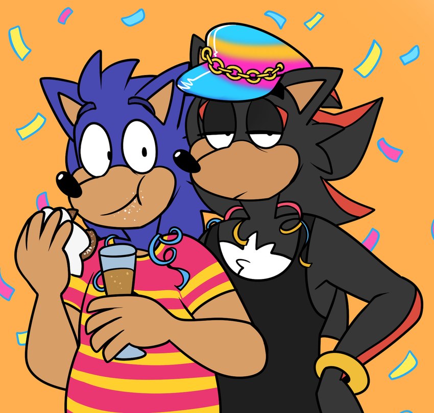 5_fingers anthro bent_arm black_body black_clothing black_eyebrows black_fur black_nose black_shirt black_tank_top black_topwear blue_body blue_clothing blue_eyebrows blue_fur blue_hat blue_headwear bracelet chain clothed clothed_anthro clothed_male clothing confetti dessert doughnut duo eating eating_doughnut eating_food eyebrows fingers food food_on_face fur gold_(metal) gold_bracelet gold_jewelry half-closed_eyes hat headgear headwear holding_wine_glass jewelry looking_at_viewer male male/male male_anthro multicolored_body multicolored_fur multicolored_hat narrowed_eyes orange_background pastry pattern_clothing pattern_shirt pattern_t-shirt pattern_topwear pink_clothing pink_shirt pink_t-shirt pink_topwear red_body red_fur shirt simple_background smile smiling_at_viewer standing striped_clothing striped_shirt striped_t-shirt striped_topwear stripes t-shirt tan_body tan_inner_ear tan_skin tank_top topwear white_body white_fur yellow_stripes beastofeuthanasia sega sonic_the_hedgehog_(series) shadow_the_hedgehog sonic_the_hedgehog eulipotyphlan hedgehog mammal 2023 digital_drawing_(artwork) digital_media_(artwork) flat_colors hi_res