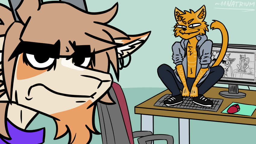 annoyed anthro chair computer computer_mouse crouching desk drawing duo ear_piercing electronics facial_hair fur furniture goatee keyboard male monitor office_chair orange_body orange_fur piercing recursion selfie simple_background table 11natrium comma natrium_(character) bovid caprine domestic_cat felid feline felis goat mammal 16:9 widescreen