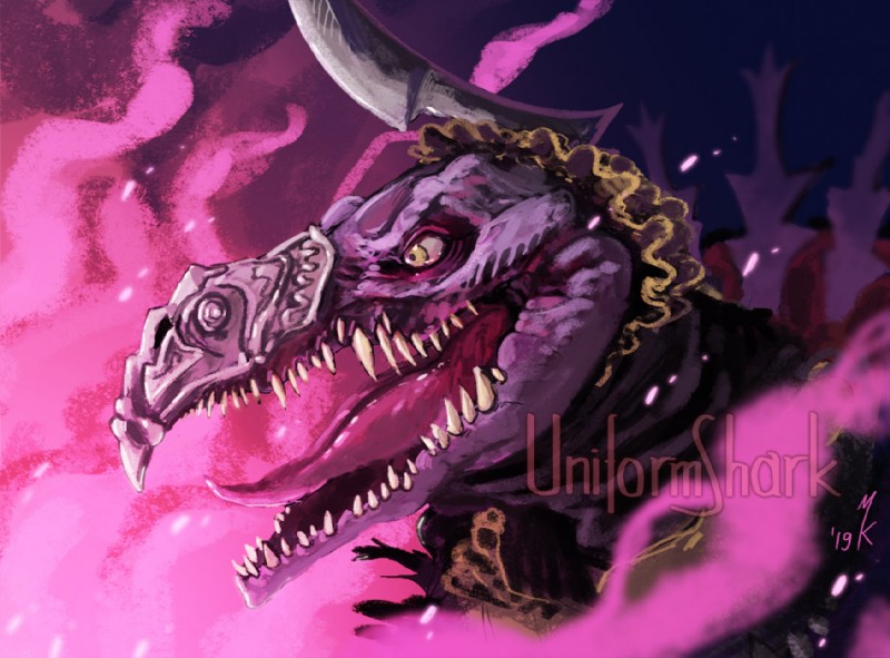 anthro beak clothed clothing elderly headgear headwear horn jewelry long_tongue metal open_mouth purple_body purple_skin sharp_teeth simple_background smile smoke solo teeth tongue topwear yellow_eyes uniformshark tdc:_age_of_resistance the_dark_crystal skekso alien avian skeksis 2019 detailed digital_drawing_(artwork) digital_media_(artwork)