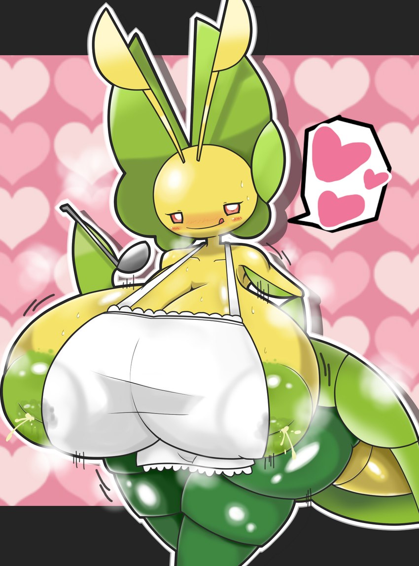 antennae_(anatomy) apron apron_only areola big_breasts blush bodily_fluids breasts clothing female green_areola green_nipples huge_breasts kitchen_utensils lactating ladle nipples orange_eyes plant red_eyes solo tools yellow_body yellow_skin mg0rx nintendo pokemon arthropod generation_5_pokemon insect leavanny pokemon_(species) hi_res