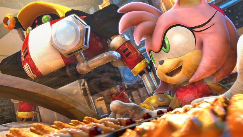 :d ambiguous_gender anthro clothed clothing duo eyelashes female food gesture gloves green_eyes hair hand_gesture handwear inside machine open_mouth open_smile pastry pink_hair pointing pretzel_(food) smile snow teeth tongue topwear voui sega sonic_adventure sonic_the_hedgehog_(series) amy_rose e-102_gamma e-series eulipotyphlan hedgehog mammal robot 16:9 2021 3d_(artwork) 4k absurd_res digital_media_(artwork) hi_res source_filmmaker_(artwork) widescreen