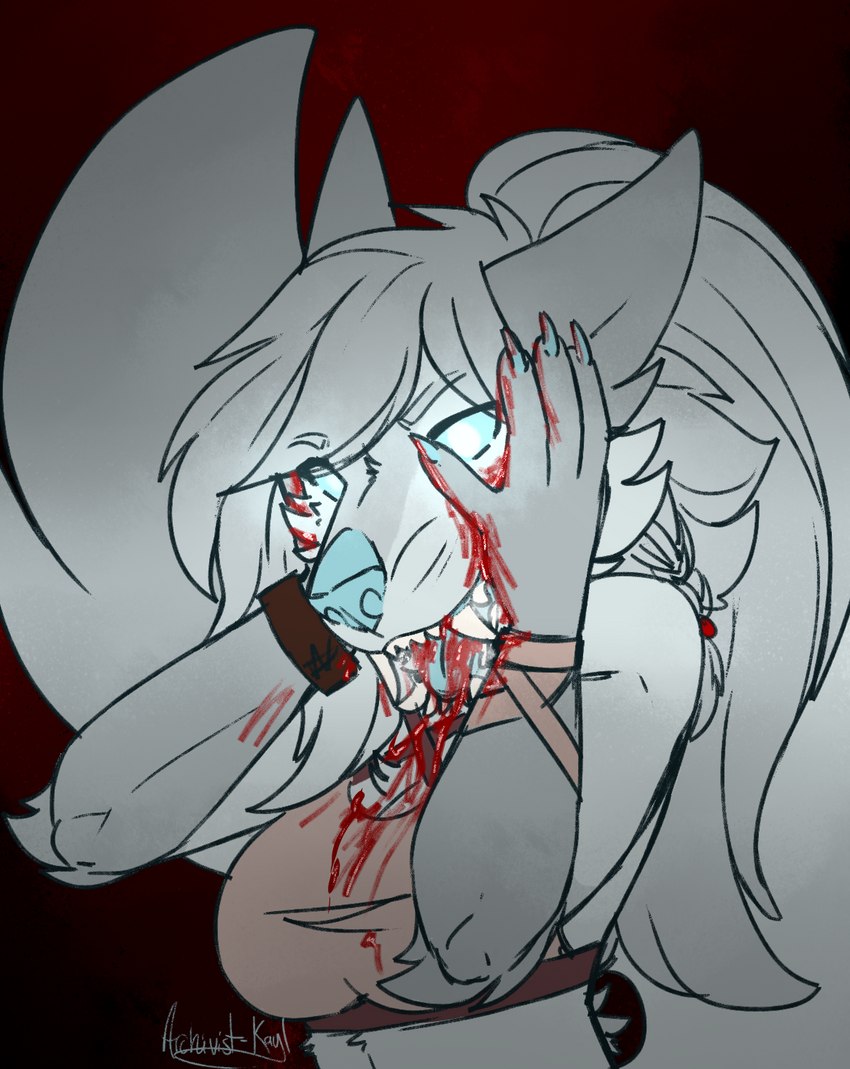 anthro bared_teeth blood blood_in_mouth blood_on_face blood_on_hand blue_eyes blue_nose blue_tongue bodily_fluids bracelet clothing crop_top female fur grabbing_head grey_body grey_fur hair jewelry ponytail shirt solo tongue topwear white_body white_fur archivist-kayl goretober inktober 2022 hi_res