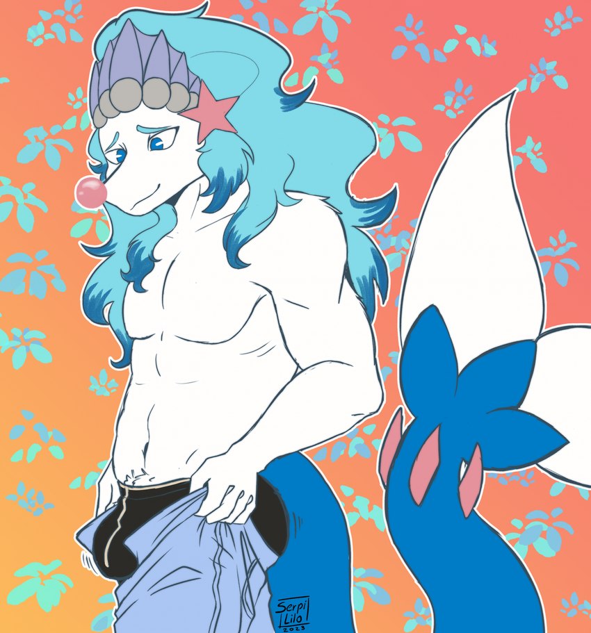 anthro black_clothing black_underwear blue_eyes blue_hair bottomwear bulge clothed clothing clown_nose denim denim_bottomwear denim_clothing fish_tail hair jeans lean_muscle long_hair male navel pants solo topless underwear white_body serpi_lilo nintendo pokemon tight_pants_(meme) neptune_(rhode_arts) asterozoan echinoderm generation_7_pokemon marine pokemon_(species) primarina starfish 2023 digital_drawing_(artwork) digital_media_(artwork) hi_res meme watermark