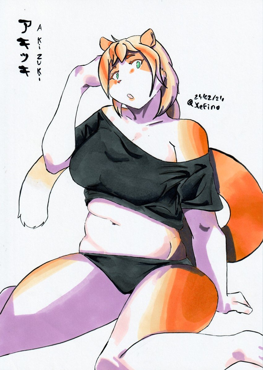 anthro belly big_breasts black_clothing black_shirt black_topwear breasts clothed clothing countershade_fur countershading curvy_figure female french_artist fur hair huge_thighs looking_at_viewer mature_female navel off_shoulder orange_body orange_fur orange_hair panties shirt slightly_chubby slightly_chubby_female solo surprised_expression tail thick_thighs topwear underwear voluptuous white_body white_fur wide_hips xefino akizuki_(xefino) domestic_cat felid feline felis mammal absurd_res hi_res traditional_media_(artwork)