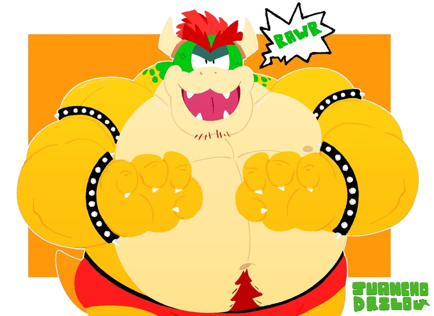 2_horns anthro barazoku biceps big_muscles biped hair horn huge_muscles looking_at_viewer male muscular muscular_anthro muscular_male overweight overweight_anthro overweight_male pecs red_hair shirtless_anthro shirtless_male solo juanchodrilo mario_bros nintendo bowser koopa scalie 2024 hi_res