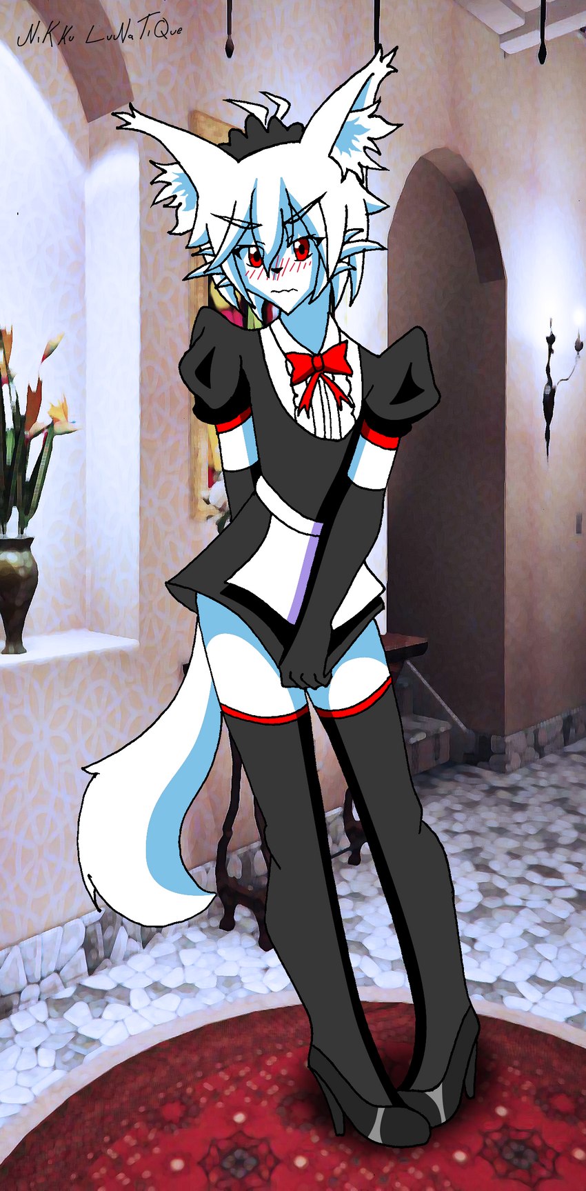 anthro black_clothing blush clothed clothing covering covering_self crossdressing embarrassed femboy footwear fur gloves hair handwear high_heels inner_ear_fluff looking_at_viewer maid_apron maid_hat maid_uniform male red_clothing red_eyes ribbons shoes short_hair socks solo tuft uniform white_body white_fur white_hair nikku_lunatique nikku_lunatique_(character) canid canine canis fox mammal absurd_res hi_res