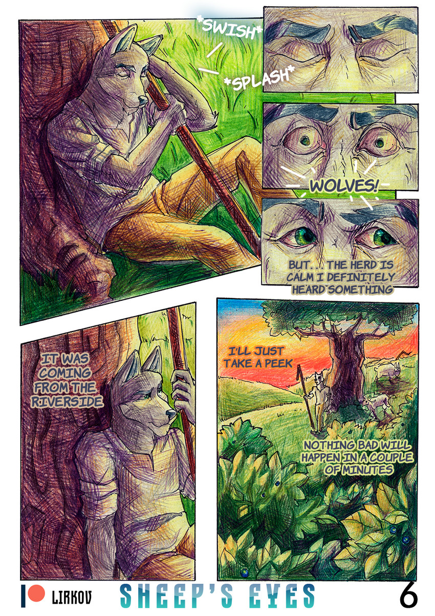 anthro clothed clothing detailed_background feral fur group looking_at_viewer lying male noise plant shepherd shepherd's_crook shrub sleeping solo_focus text tree lirkov bovid canid canine canis caprine domestic_sheep mammal sheep wolf 2020 comic english_text hi_res traditional_media_(artwork)