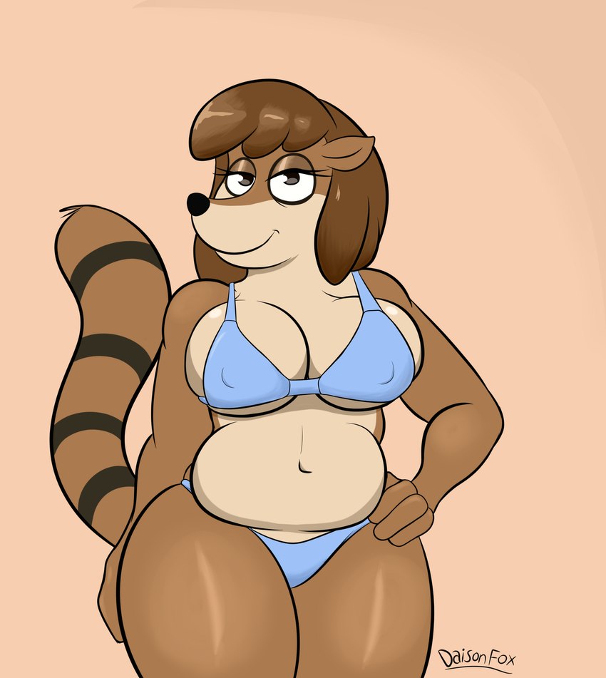 anthro bra breasts brown_body clothed clothing female looking_at_viewer mature_anthro mature_female simple_background slightly_chubby solo thick_thighs underwear daison_the_fox cartoon_network regular_show barbera_(regular_show) mammal procyonid raccoon hi_res