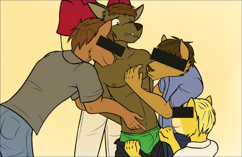 anthro black_border border censor_bar censored_face clothed clothing crowd forced group male male/male nipples simple_background underwear undressing waiter fuze luis_(fuze) canid canine canis domestic_dog mammal censored