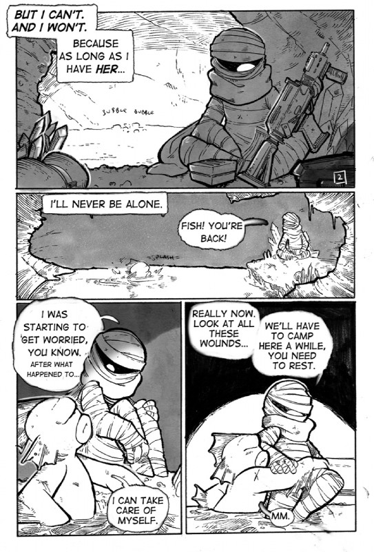 cave dialogue duo eyes_closed female gun hug machine_gun male male/female nude partially_submerged ranged_weapon sitting sound_effects speech_bubble text text_box underground weapon wraps blattarieva nuclear_throne fish_(nuclear_throne) rebel_(nuclear_throne) cyclops humanoid marine mummy scalie undead comic english_text greyscale hi_res monochrome