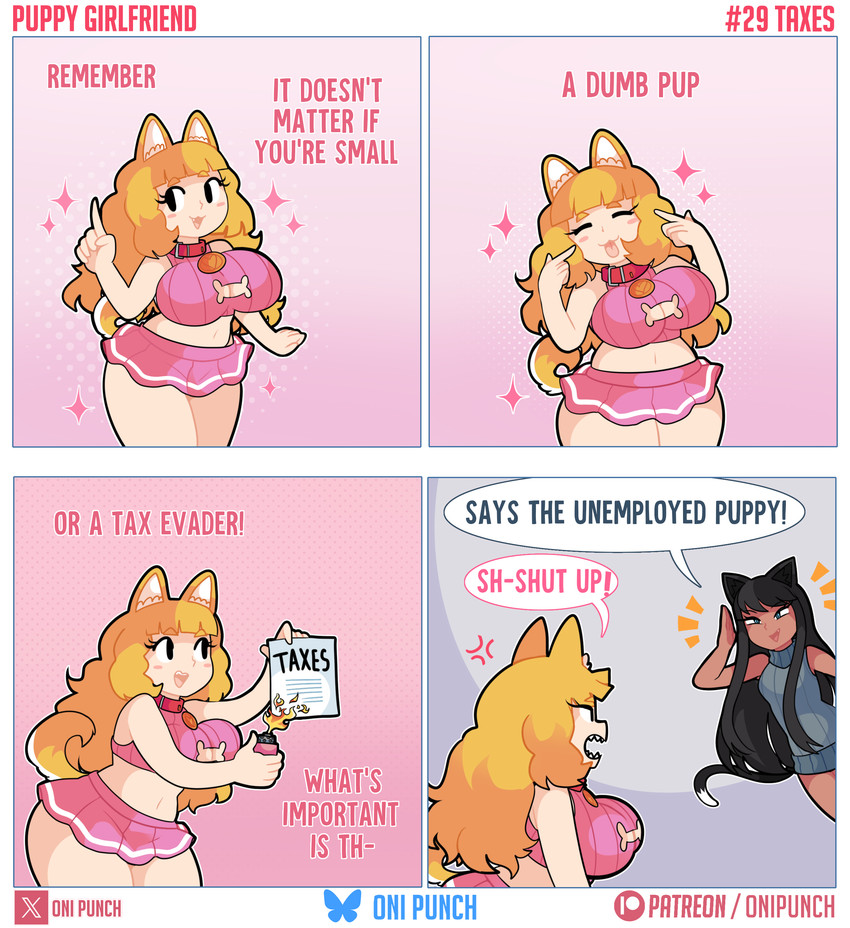 angry black_eyes black_hair black_tail cleavage_cutout cutout dark_body dark_skin dialogue duo eyelashes female fire hair lighter pink_background sharp_teeth simple_background smile sparkles standing tail teeth text thick_thighs onigiri_punch animal_humanoid canid canid_humanoid canine canine_humanoid cat_humanoid dog_humanoid felid felid_humanoid feline feline_humanoid human humanoid mammal mammal_humanoid absurd_res comic english_text hi_res