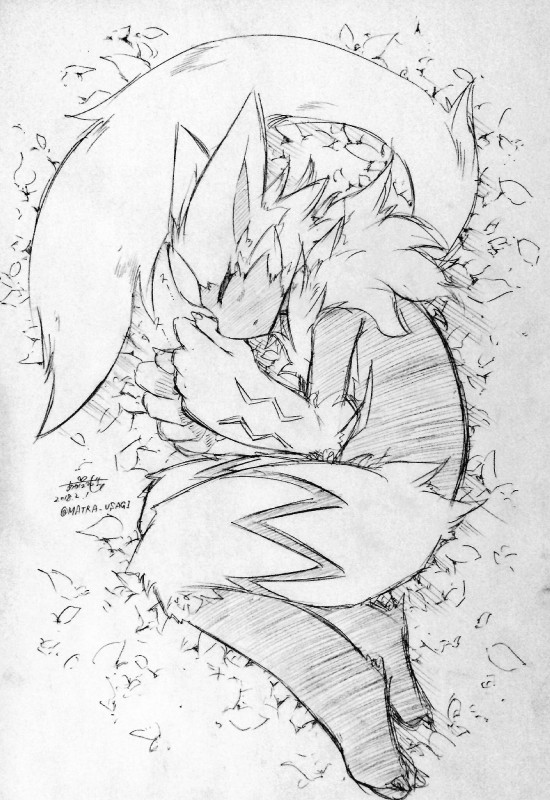 ambiguous_gender anthro curl fur sleeping solo akabane_jin nintendo pokemon felid generation_7_pokemon legendary_pokemon mammal pokemon_(species) zeraora hi_res monochrome traditional_media_(artwork)