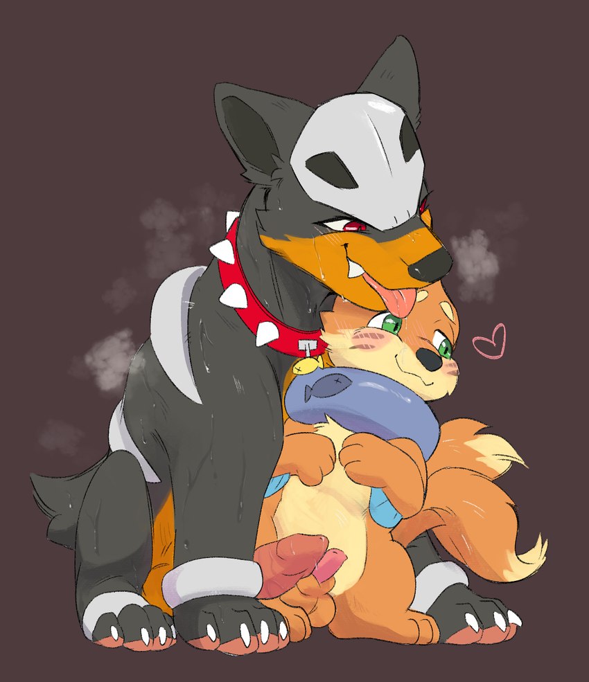 balls blush bodily_fluids collar collar_tag drooling duo feral genitals male male/male penis saliva size_difference sweat kockroach nintendo pokemon junk_(junkhoundour) soggy_(soggybuizel) buizel generation_2_pokemon generation_4_pokemon houndour pokemon_(species) hi_res